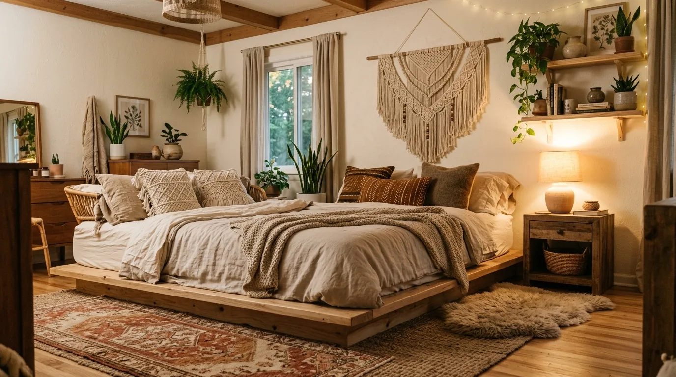 Mix bohemian texture with earthy restraint inspiration for an earthy bedroom.